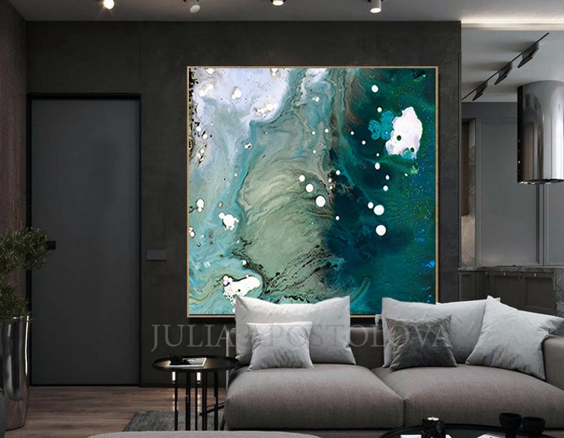 Teal Abstract Sea Painting Large Minimalist Art for Living Room Decor Blue Emerald Wall Art Pacific Velvet image 4