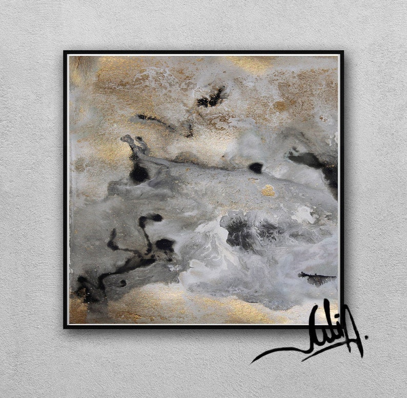 45 pouces, impression abstraite aquarelle, feuille d'or, art or et noir, grande oeuvre d'art murale, oeuvre d'art or gris pour grands espaces, toile peinture grise par Julia image 7