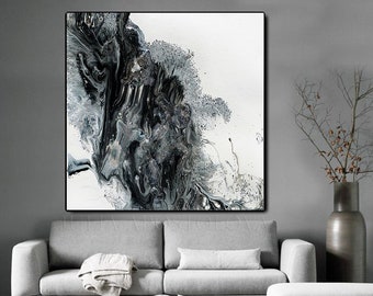 Embellished Fine Art Canvas Print, Black White Abstract Art, Black White Gray Wall Art with Silver Accents, 'Arctic Land' by JuliaApostolova