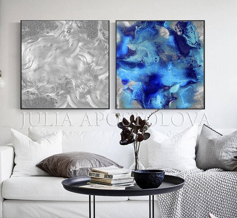 Blue Grey Wall Art Large Set of Prints Silver Navy Blue Wall Etsy