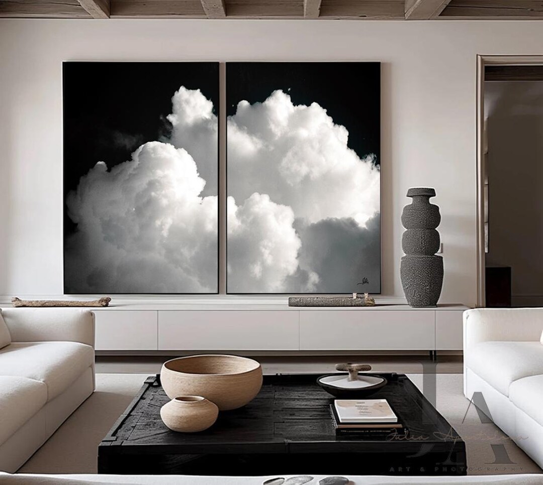 Black and White Cloud Painting Large Abstract Wall Art Set of 2 Cloud ...