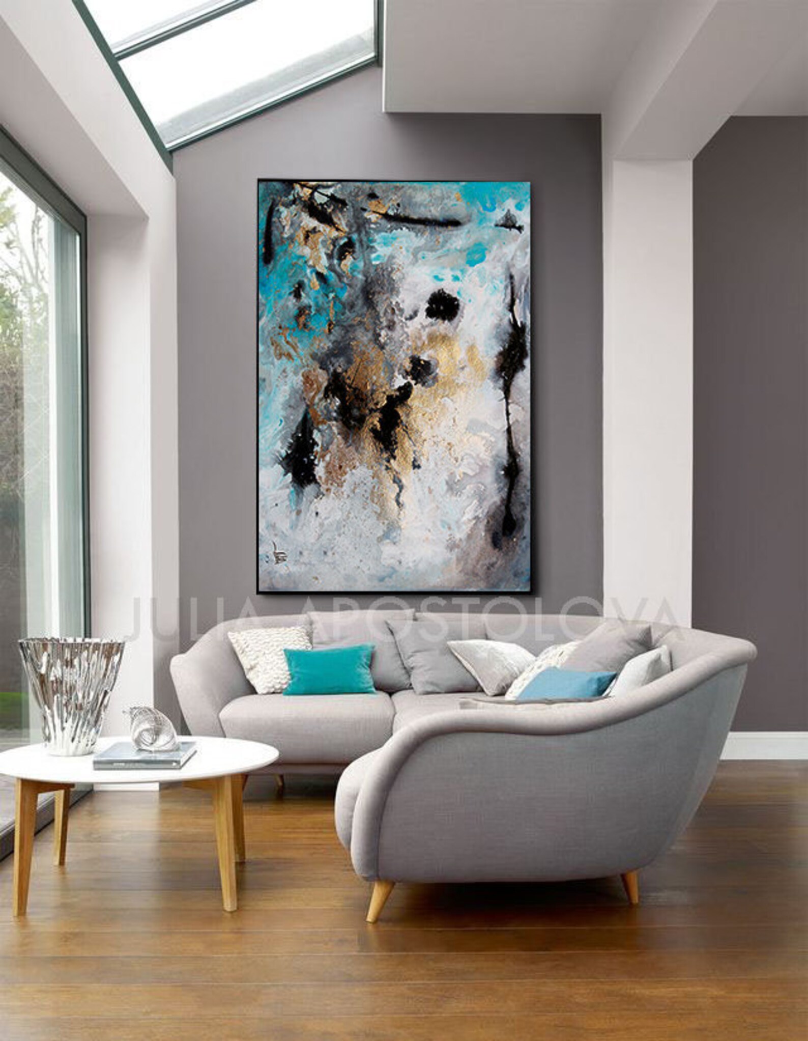 Rectangle Wall Art Gray Black Gold Teal Large Abstract Etsy