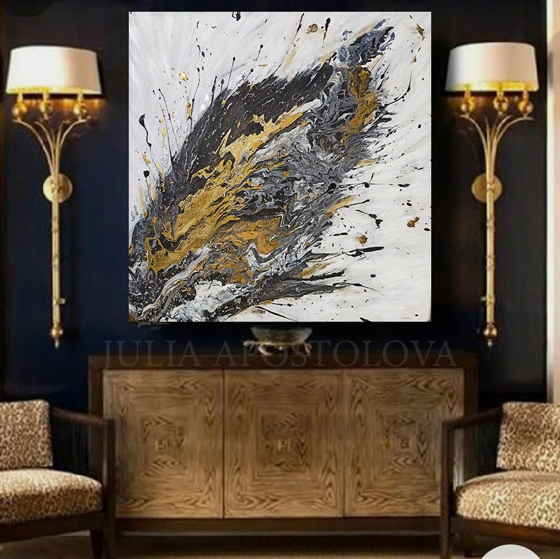 Black White Gold Leaf Art, ORIGINAL PAINTING, Abstract Painting, Gold Silver Leaf Art Extra Large Art Contemporary Art Luxury Wall Art Decor image 8