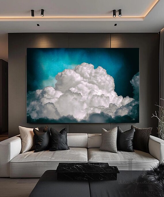 Peinture d'art abstrait nuage bleu doré, affiches et impressions sur toile, art moderne indépendant, tableau mural pour décoration de salon, 40x80cm (16x31in), cadre noir