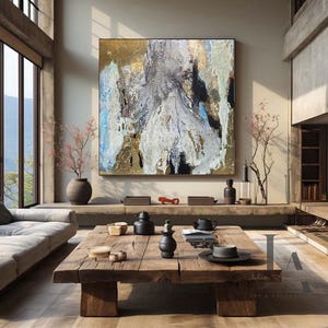 45'', Original Gold Black Abstract Painting - Large Wall Art with Goldleaf - Gray Gold Art for Large Spaces - Wabi Sabi Wall Decor by Julia
