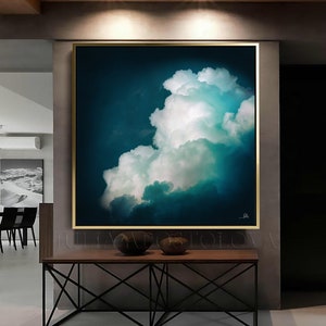 55'' Extra Large Abstract Oil Painting Prints Dark Teal Canvas Cloud Painting, Gift For Him, Signed Teal Wall Art by artist Julia Apostolova image 3