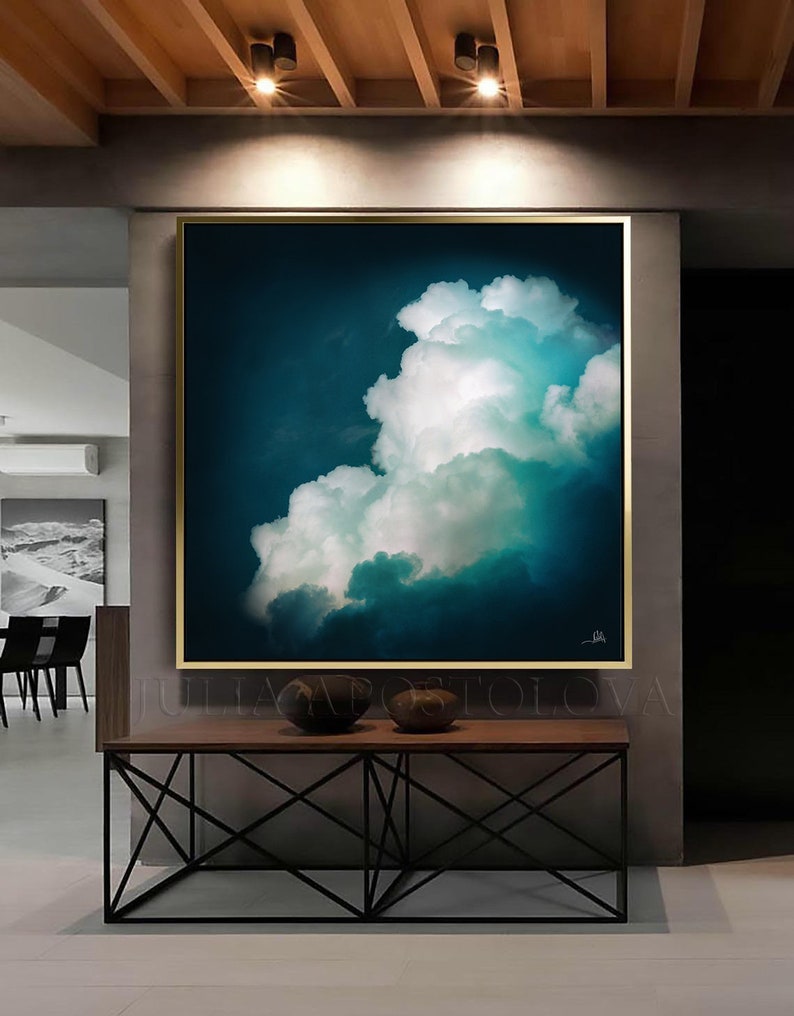 55'' Extra Large Abstract Oil Painting Prints Dark Teal Canvas Cloud Painting, Gift For Him, Signed Teal Wall Art by artist Julia Apostolova image 3