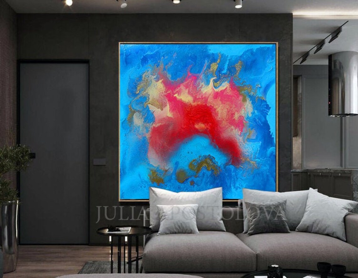 Blue and Red Wall Art Abstract Painting Large Print on Canvas Etsy