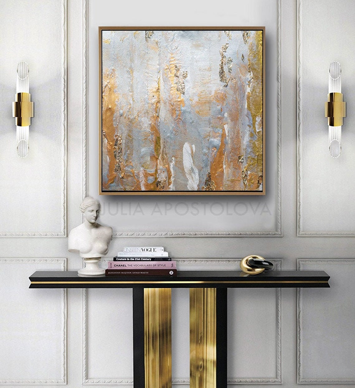 Gray Gold Wall Art Gold Leaf Original Painting Elegant Etsy