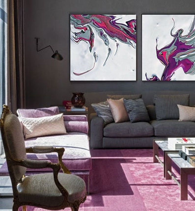 Large Abstract Canvas Art Modern Wall Art Print Set in White Purple Elegant Living Room Decor image 2