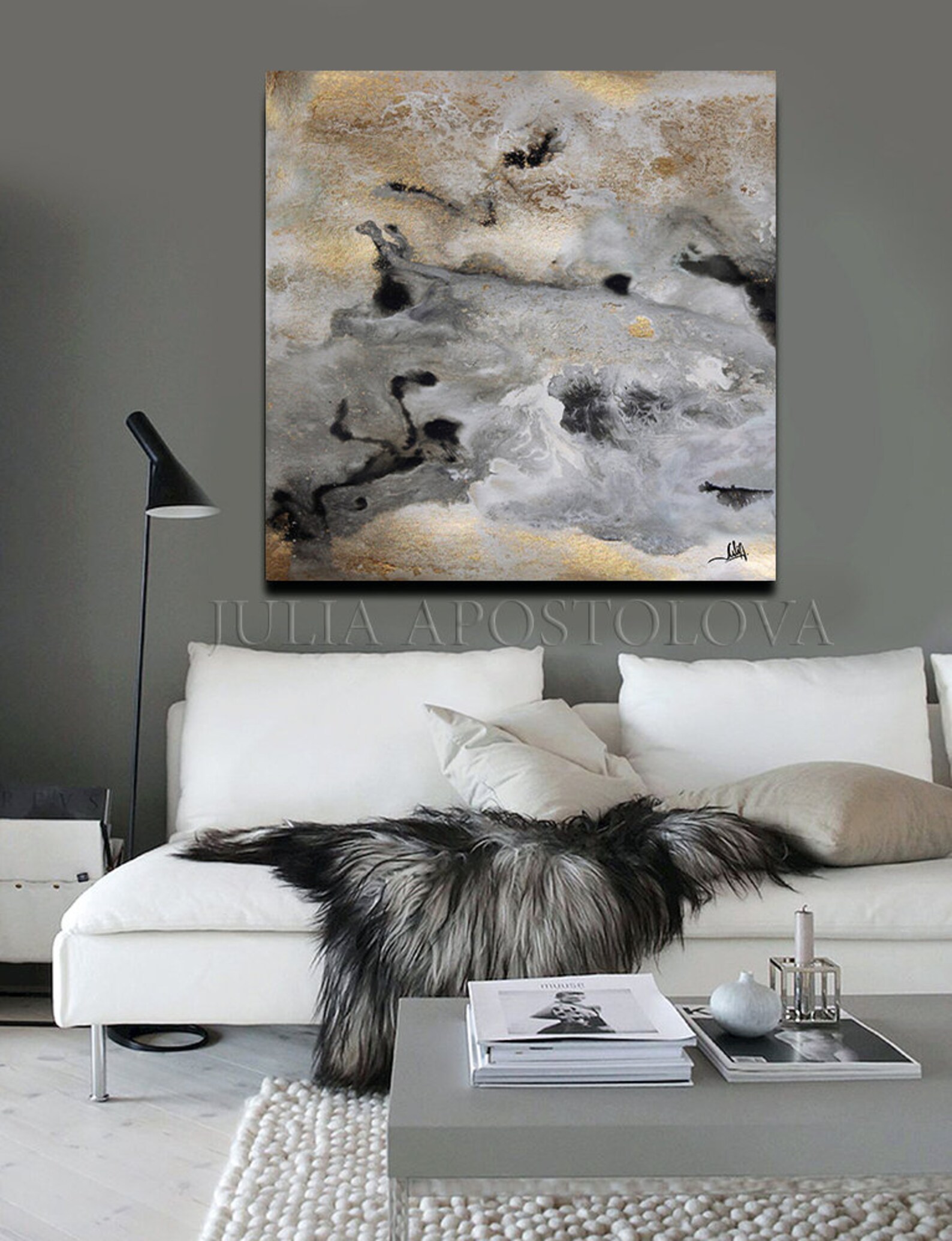 Luxury Art Gold Leaf Paintings Gray Gold Wall Art Huge Wall Etsy