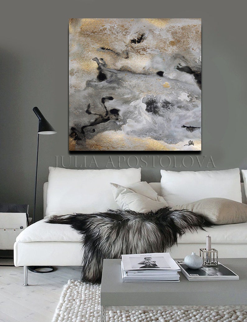Luxury Art, Gold Leaf Paintings, Gray Gold Wall Art, Huge Wall Art, Luxury Interior, Framed Canvas Large Art 'Milky Way' by Julia Apostolova image 7