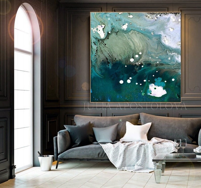 Teal Abstract Sea Painting Large Minimalist Art for Living Room Decor Blue Emerald Wall Art Pacific Velvet image 2