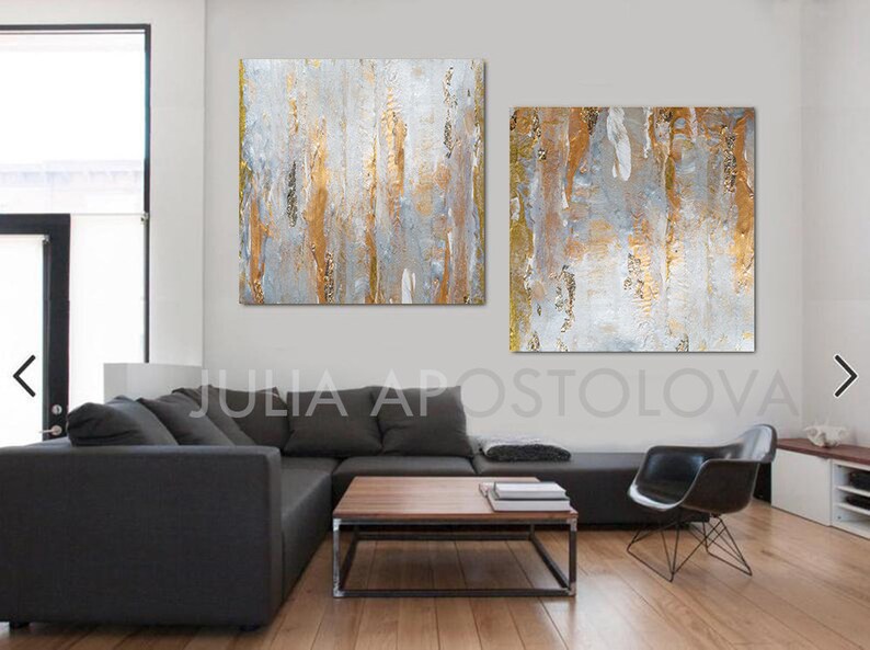 Gray Gold Leaf Painting, Elegant Wall Art for Livingroom, Textured Canvas, Neutral Art Set, Above Couch Decor, Large Abstract Minimalist Art image 11