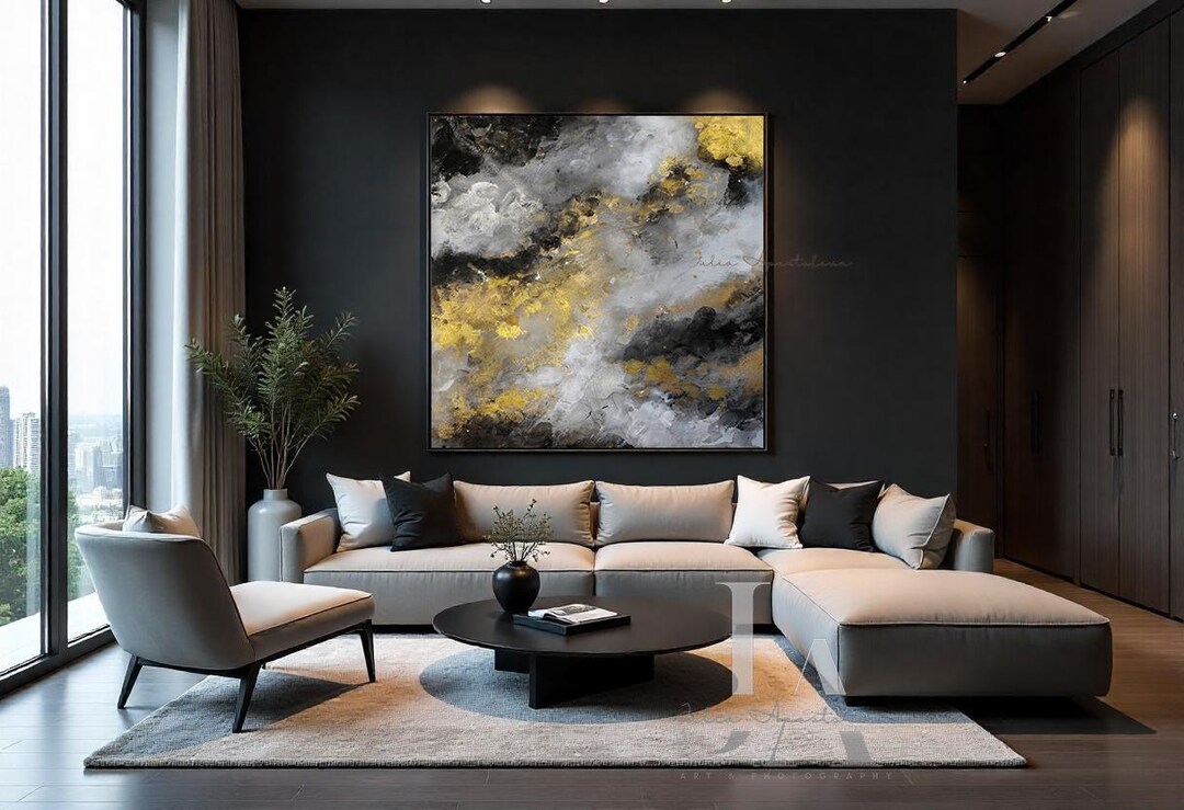 Gray and Black Abstract Painting With Gold Leaf - Framed Canvas Wall ...