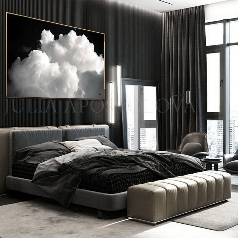 80'' CLOUD PAINTING Black and White Cloud Wall Art Minimalist Painting Print Abstract Cloud Canvas & Large Wall Art Modern Painting by Julia image 7