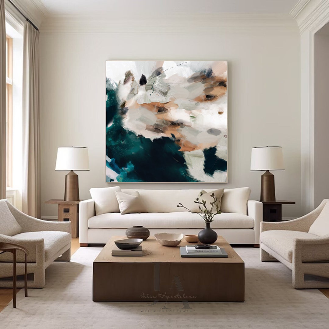 Large Abstract Art Teal Beige Cream Original Canvas Print Modern Earthy ...