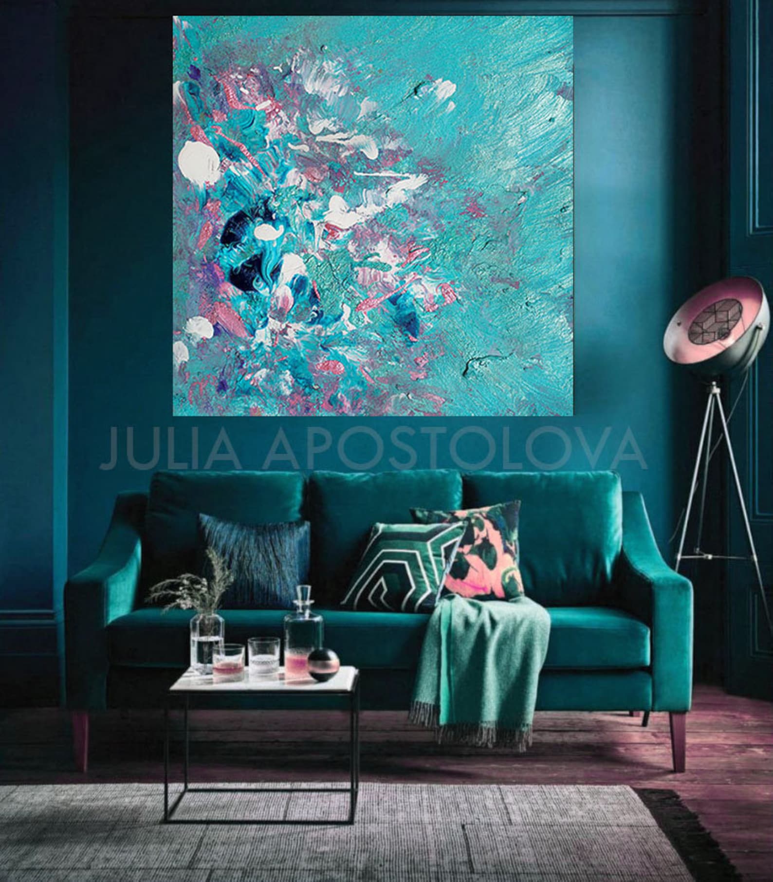 Teal Floral Wall Art Turquoise Blush Pink Abstract Painting Etsy