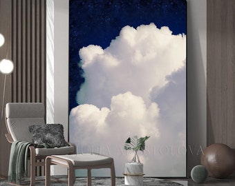 Navy Blue Cloud Art, Large Abstract Painting, Oversized Wall Art, Celestial Night Sky Print