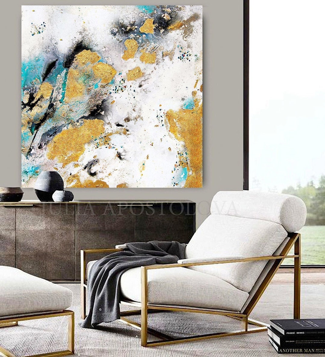 Extra Large Wall Art Set of Two Abstract Paintings 2 Canvas Prints Black  Gold Teal Julia Apostolova