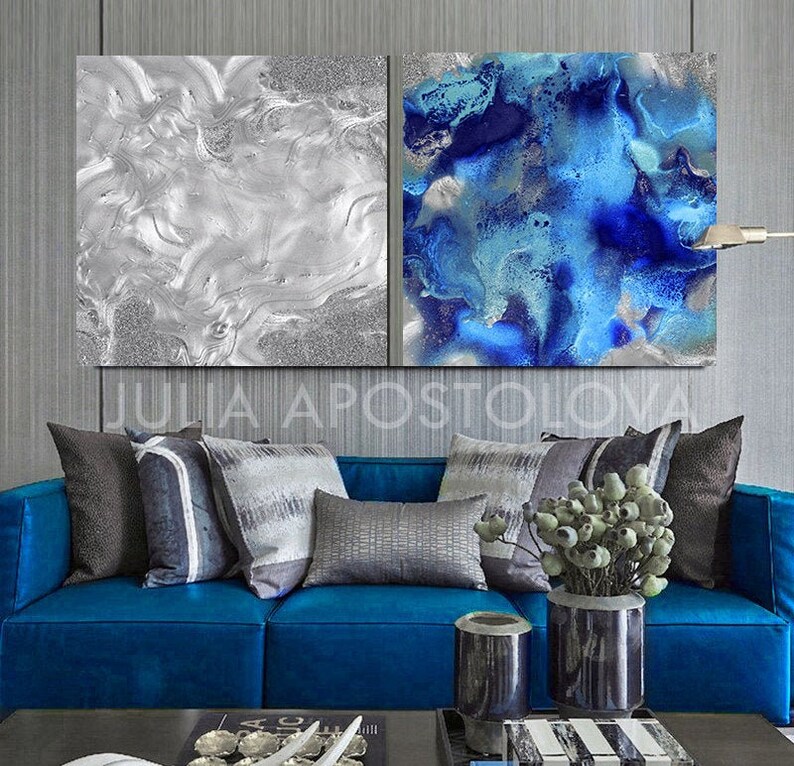 Blue Grey Wall Art Large Set of Prints Silver Navy Blue Wall | Etsy