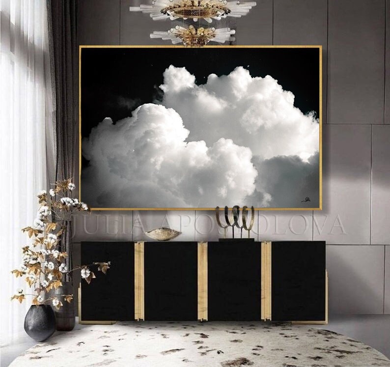 80'' CLOUD PAINTING Black and White Cloud Wall Art Minimalist Painting Print Abstract Cloud Canvas & Large Wall Art Modern Painting by Julia