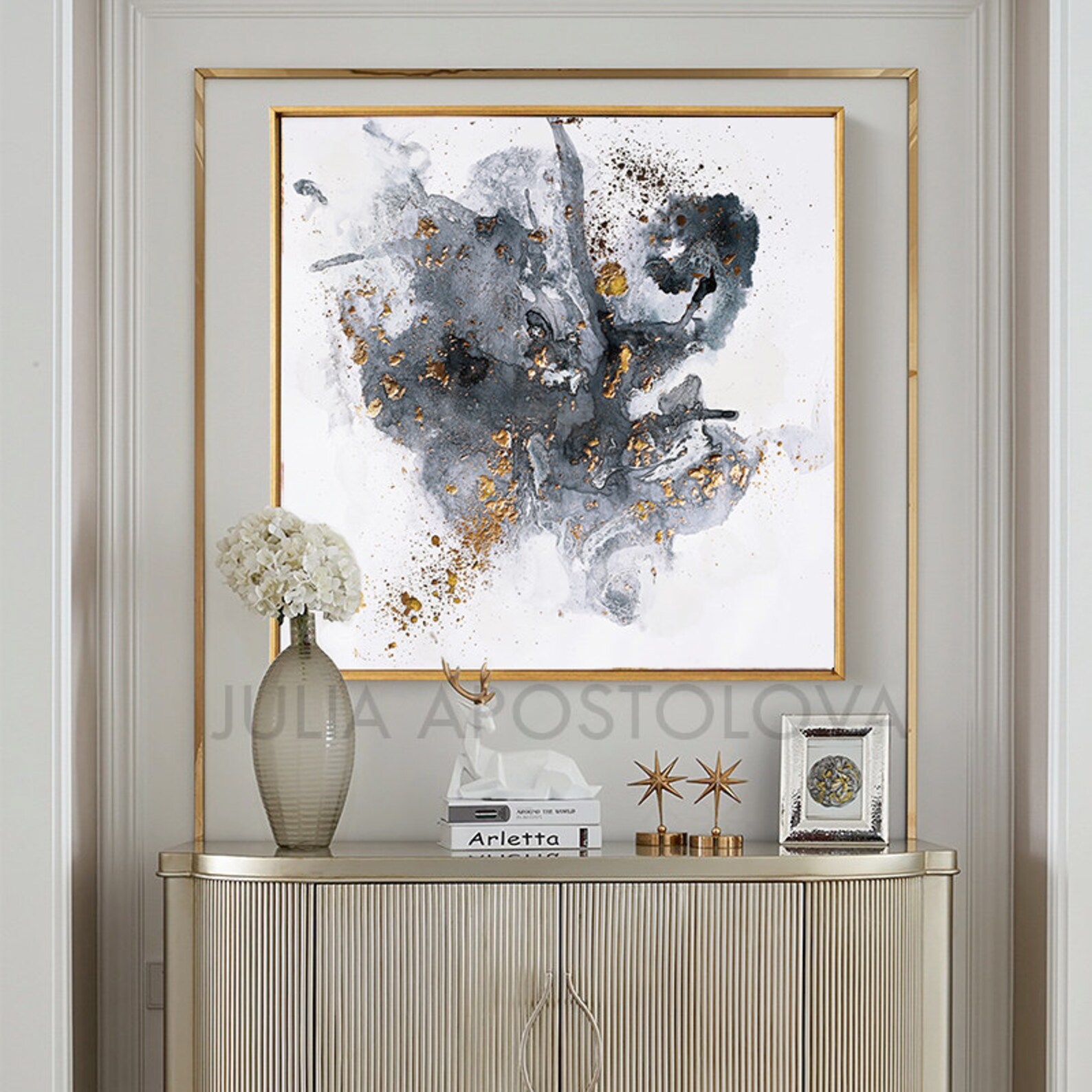 50'' Gray White Gold Wall Art Canvas Gold Leaf Etsy