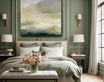 Sage Green Wall Art - Minimalist Neutral Painting - Extra Large Canvas Print, Modern Boho Bedroom