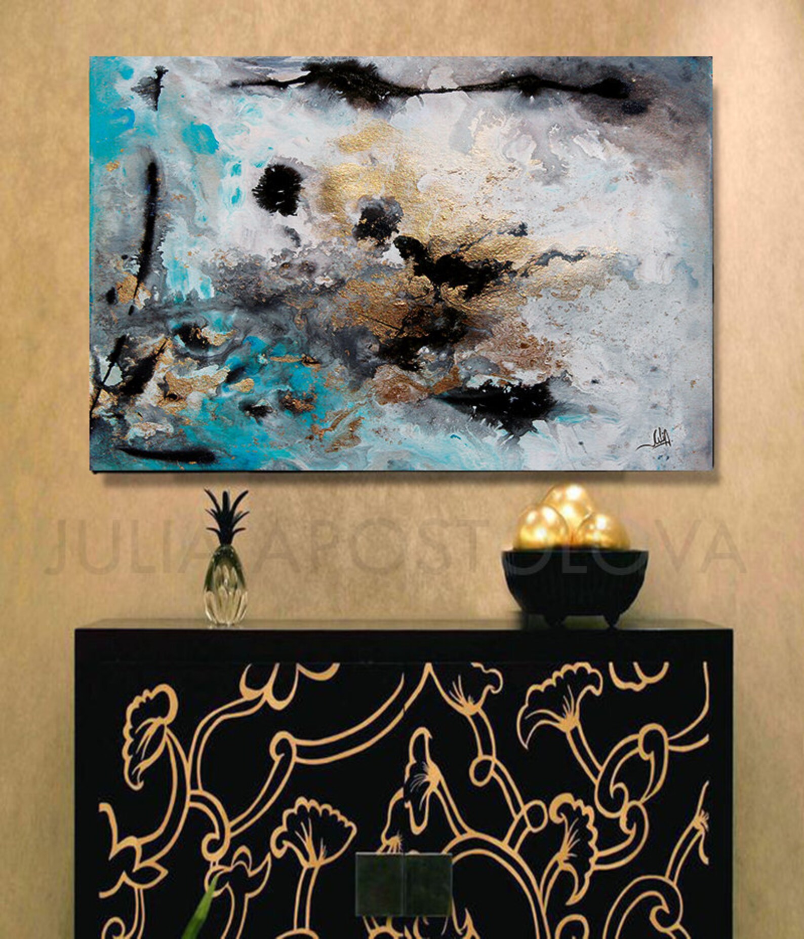 Rectangle Wall Art Gray Black Gold Teal Large Abstract Etsy
