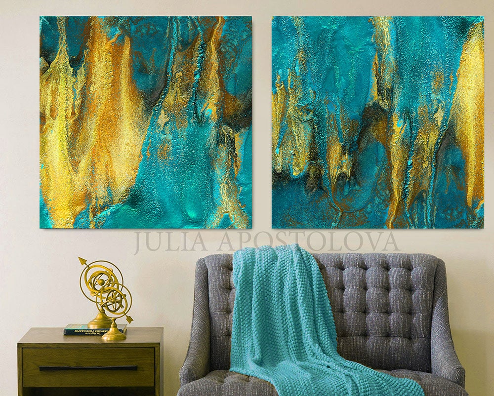 Teal Gold Art Diptych Painting Gold Leaf Art Set Turquoise Etsy