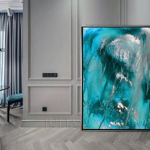 Teal Abstract Art, Turquoise Painting, Teal Silver Canvas Art Print, for Modern Wall Decor, Coastal Living Room Decor, by Julia Apostolova image 2