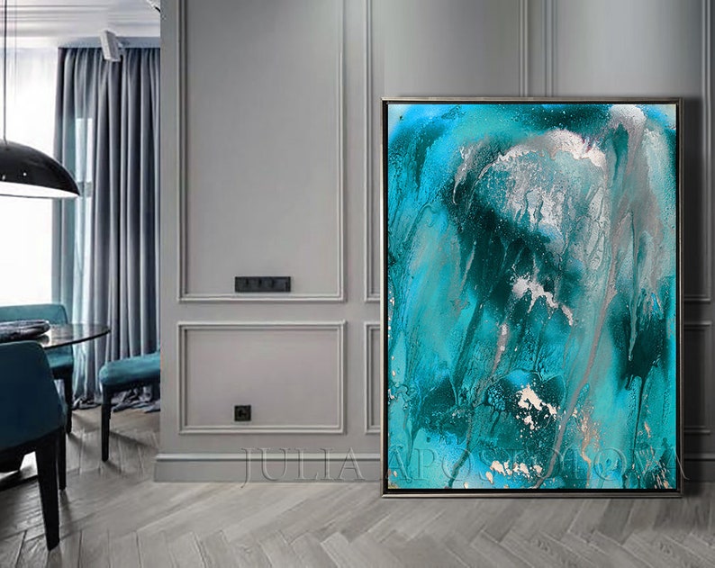 Teal Abstract Art, Turquoise Painting, Teal Silver Canvas Art Print, for Modern Wall Decor, Coastal Living Room Decor, by Julia Apostolova image 2