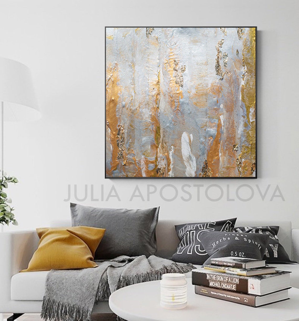 Gray Gold Wall Art Gold Leaf Original Painting Elegant Etsy