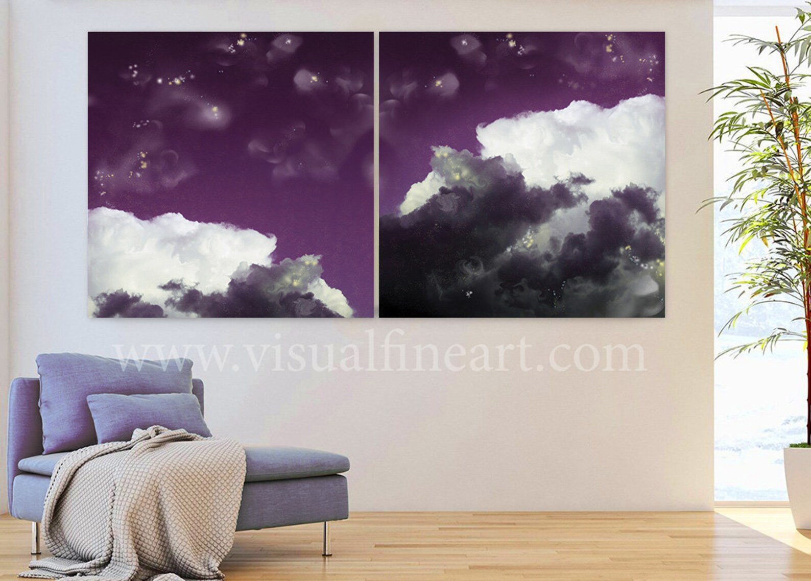 Dark Purple Wall Art Cloud Painting Large Wrapped Canvas Etsy