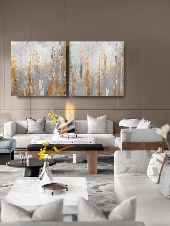 Gray Gold Leaf Painting, Elegant Wall Art for Livingroom, Textured Canvas, Neutral Art Set, Above Couch Decor, Large Abstract Minimalist Art