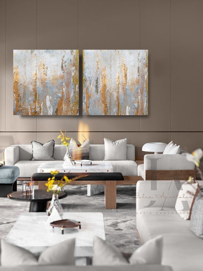 Gray Gold Modern Wall Art Neutral Oversized Original Abstract Painting Set of Minimalist Gold Leaf Canvas Art Decor by Julia Apostolova