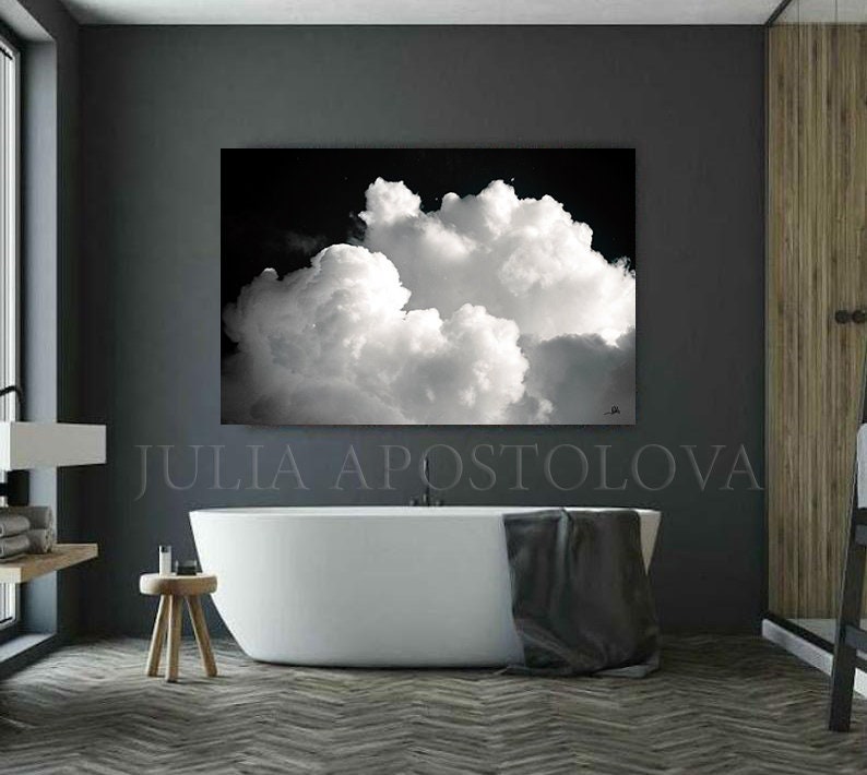 80'' CLOUD PAINTING Black and White Cloud Wall Art Minimalist Painting Print Abstract Cloud Canvas & Large Wall Art Modern Painting by Julia image 9