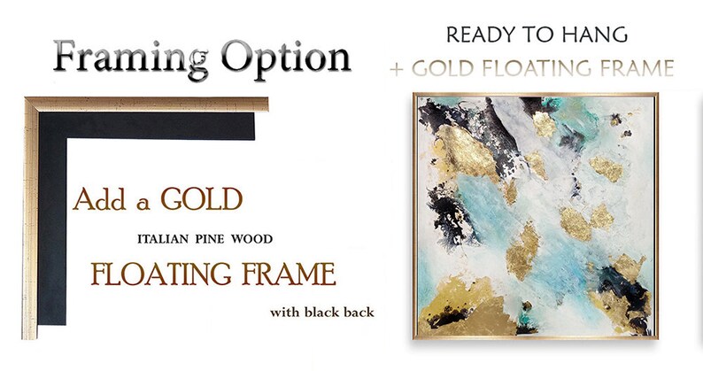 May include: A gold floating frame with a black back, ready to hang. The frame is made of Italian pine wood. The image shows an abstract painting with gold, black, and blue colors.