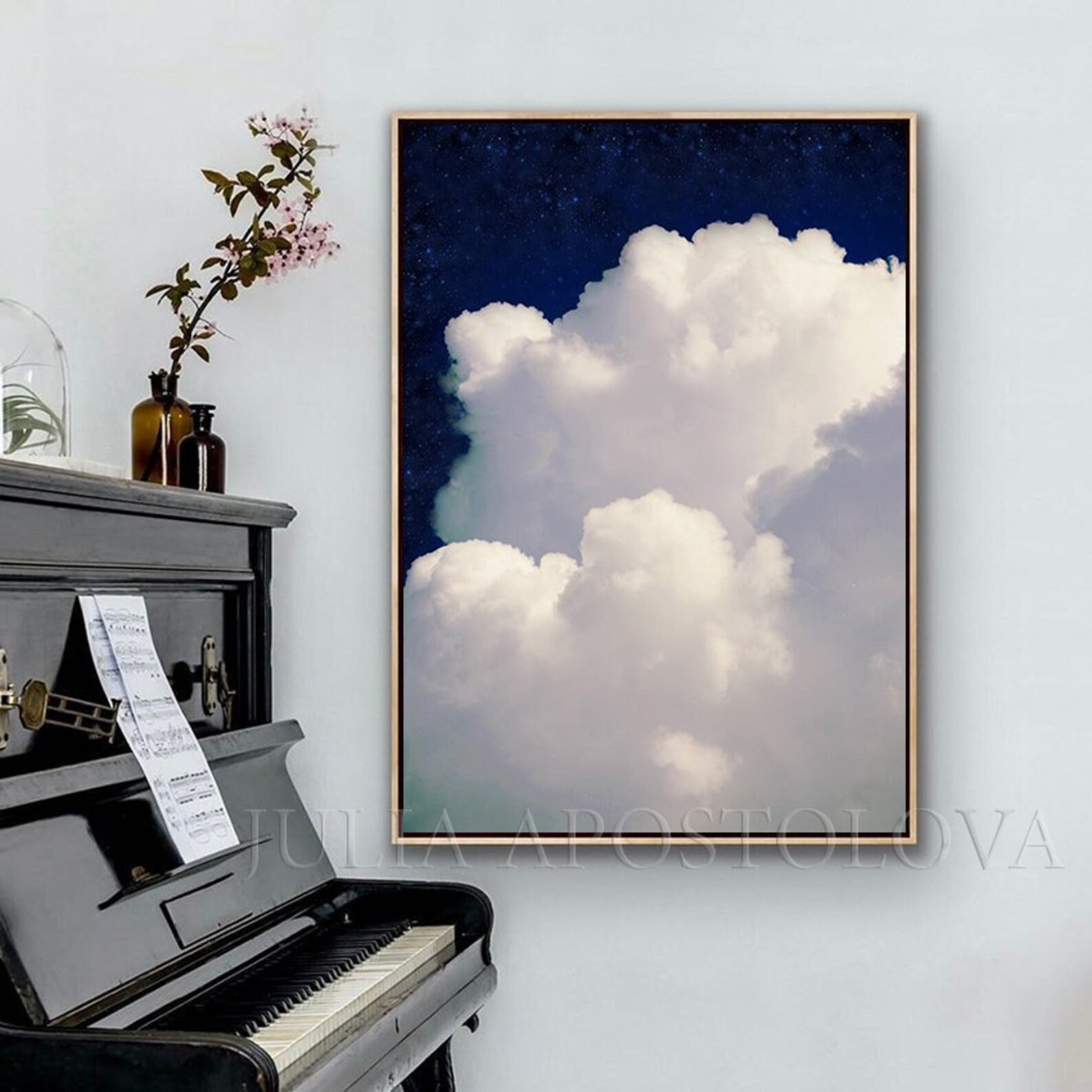 80'', Extra Large Cloud Painting Navy Blue Wall Art, Oversized Canvas ...