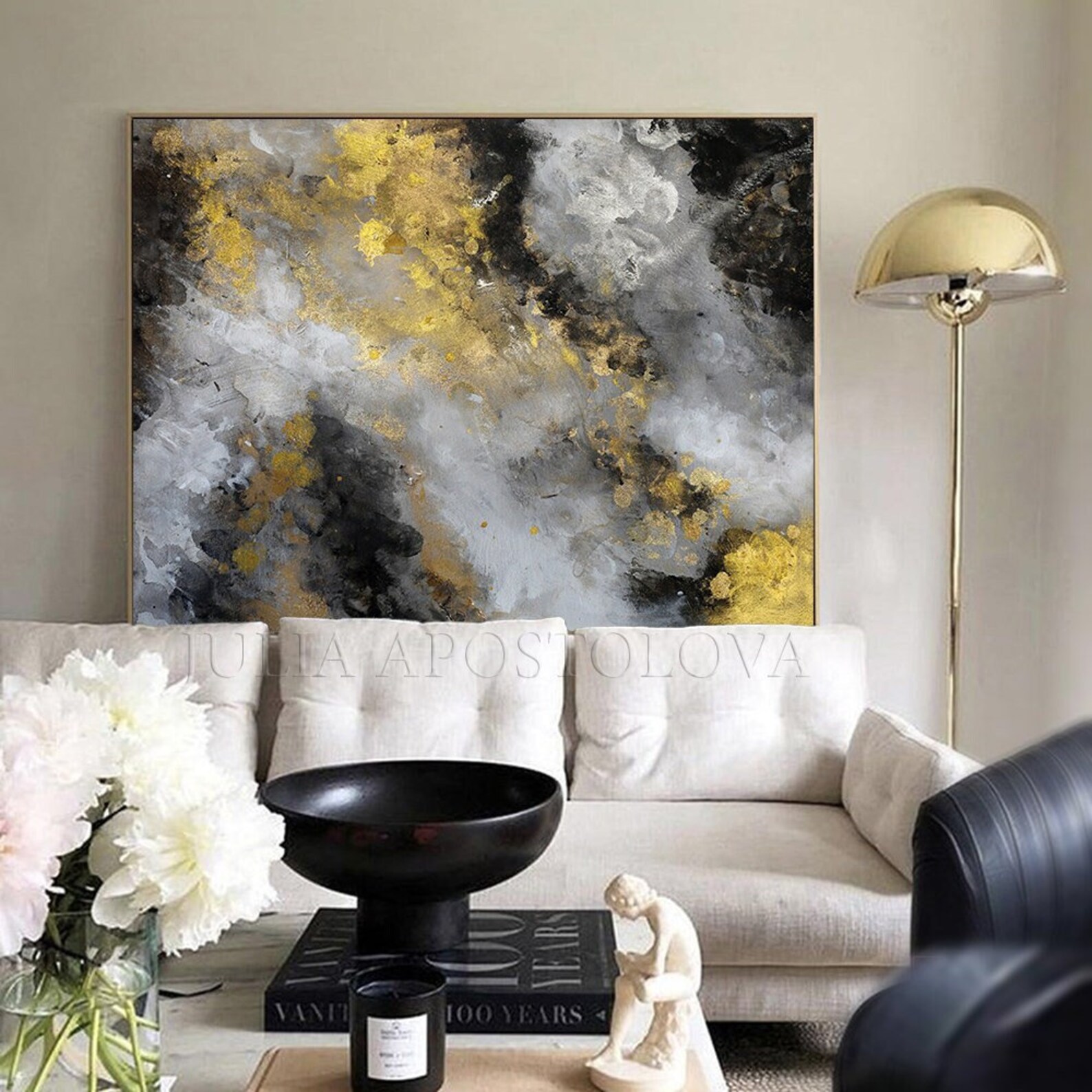 Large Abstract Painting Black Gray Gold Leaf Wall Art Framed Artwork on ...