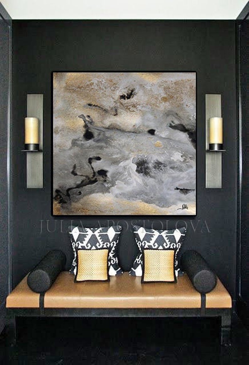 45'', Watercolor Abstract Print,Goldleaf, Gold and Black Art, Large Wall Art, Gray Gold Art for Large Spaces, Gray Painting Canvas by Julia image 2