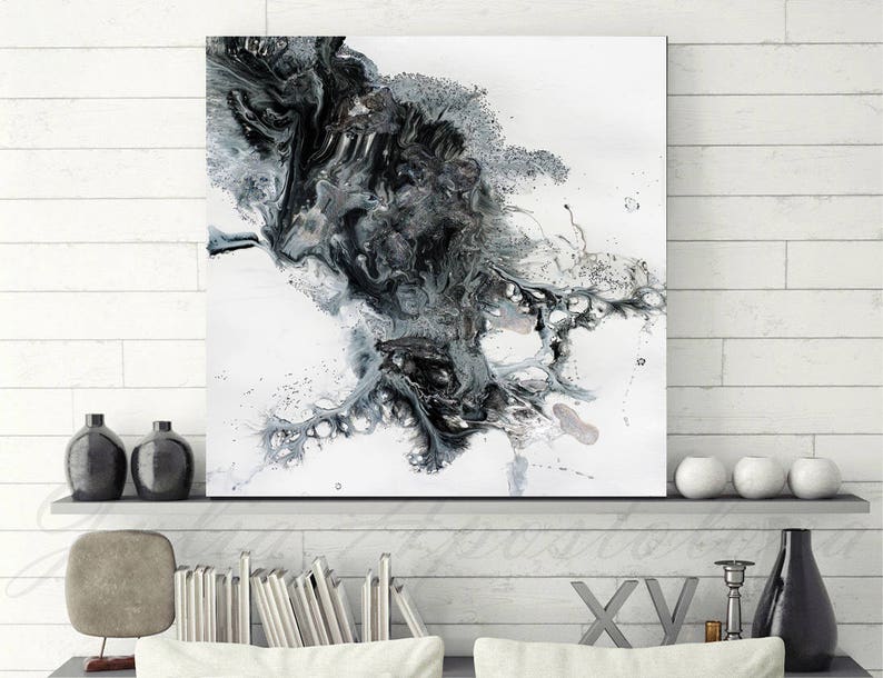 45x45'', Black and White Watercolour Painting, Abstract Print, Large Wall Art, Canvas Art Abstract, Black White Print, Modern Wall Decor image 9