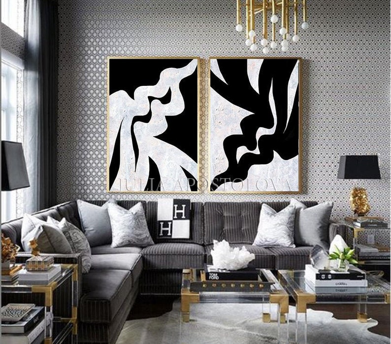 Black and White Huge Wall Art Paintings Abstract Canvas Set Etsy