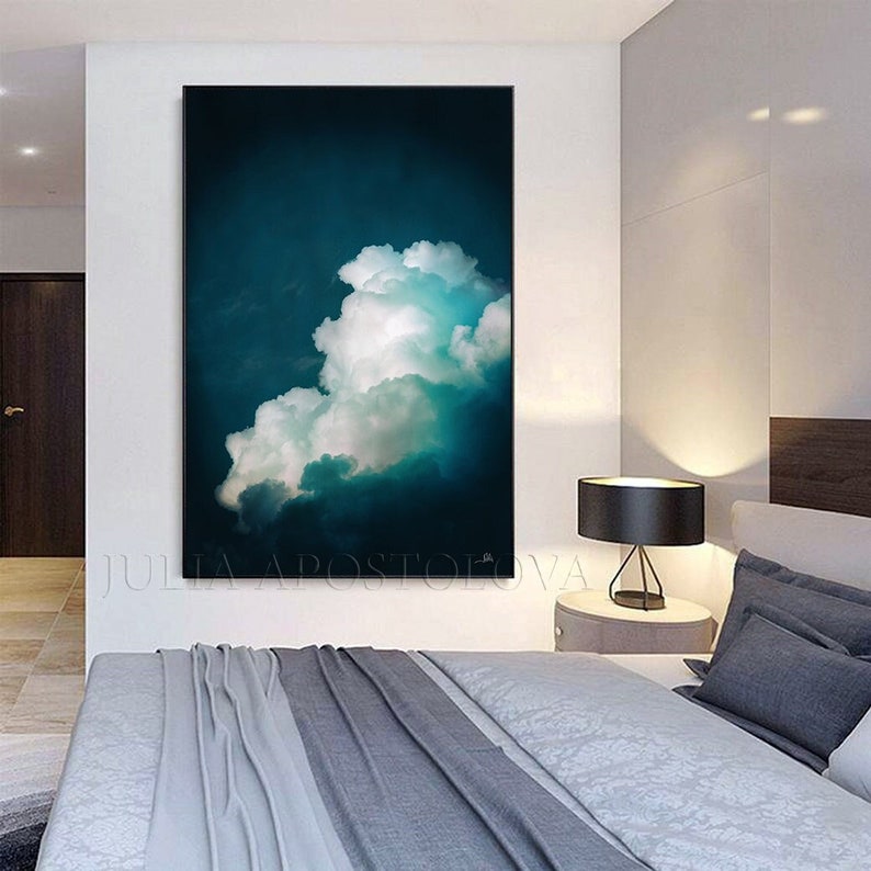 Cloud Painting Print, Dark Teal Wall Art for Trending Decor, Large Wall Art, Minimalist Painting Cloud Canvas Art Gift by Julia Apostolova image 2