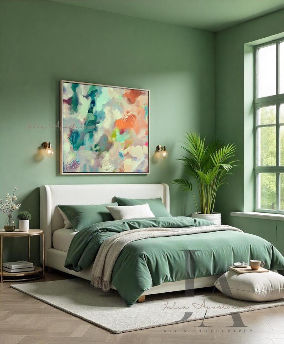 Sage Green Abstract Art, Large Framed Wall Art, Mint Green and
