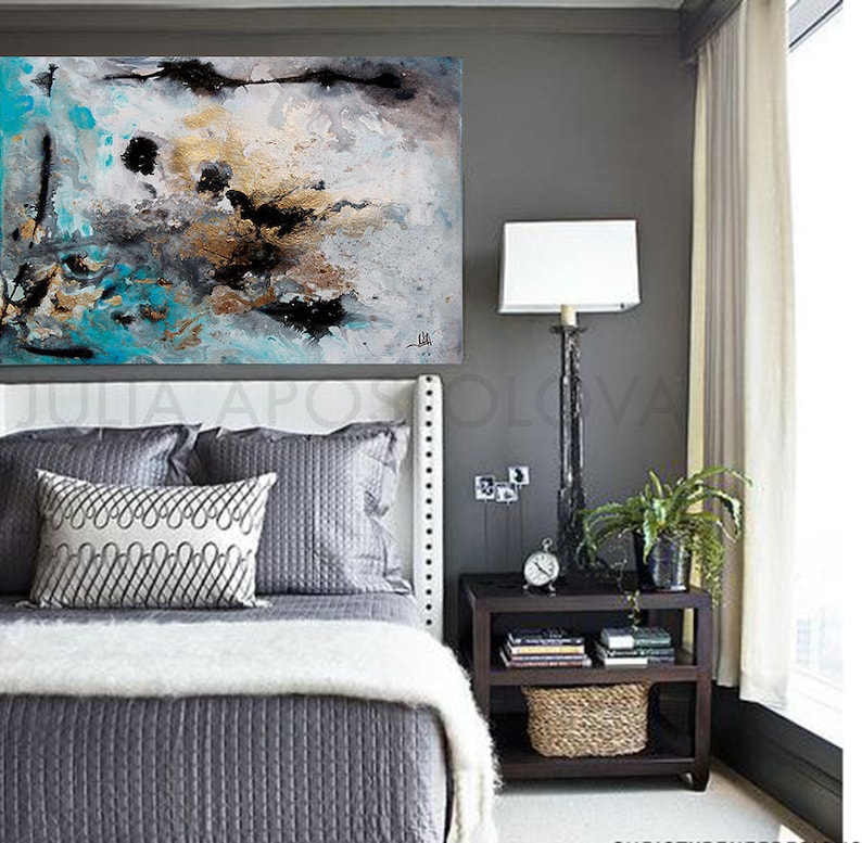 Rectangle Wall Art Gray Black Gold Teal Large Abstract Canvas Watercolour Painting Leaf Print Julia Apostolova