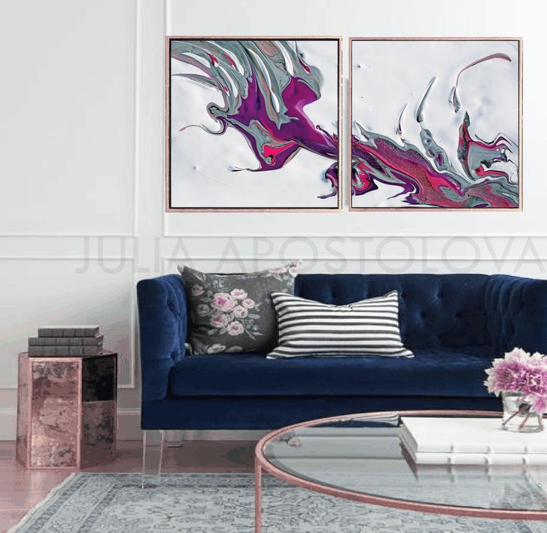 Large Abstract Canvas Art Modern Wall Art Print Set in White Purple Elegant Living Room Decor image 10