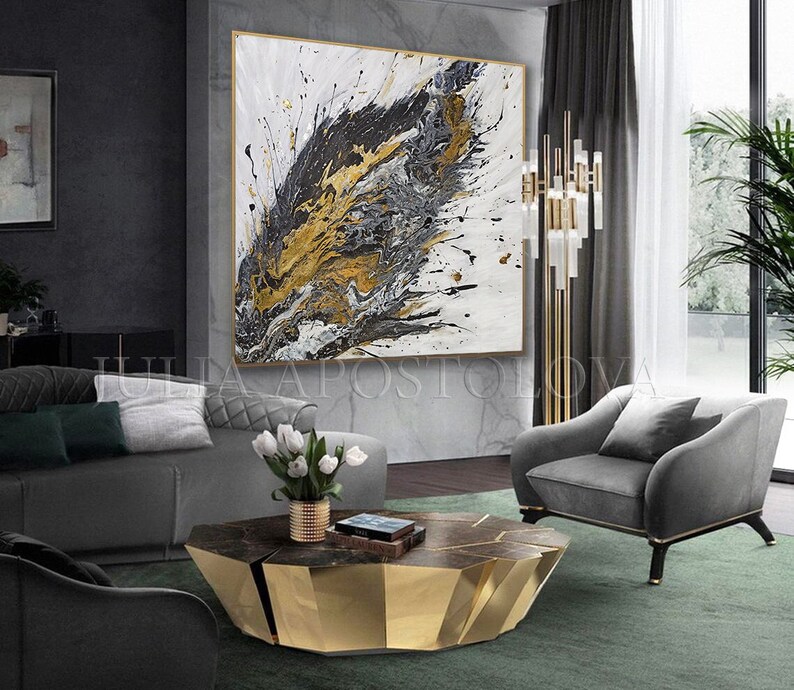 Black White Gold Leaf Art, ORIGINAL PAINTING, Abstract Painting, Gold Silver Leaf Art Extra Large Art Contemporary Art Luxury Wall Art Decor image 1