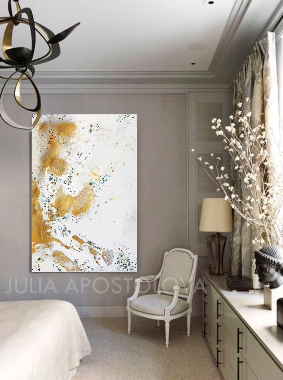 Gold Leaf Art Modern Minimal Abstract Watercolor Gold And White Canvas Painting Lage Minimalist Print Julia Apostolova Eternal Light