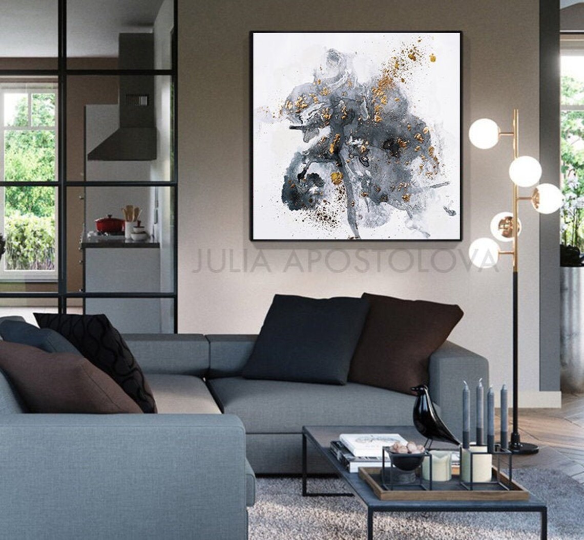 50'' Gray Gold Wall Art Embellished Canvas With Gold Etsy